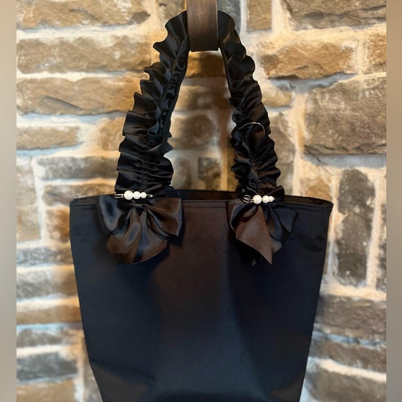 Handbags - Boujee Black Insulated Lunch Tote Bag with Ruffled/ Bow Handles & added charms